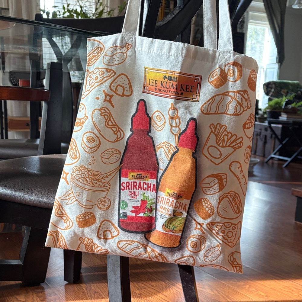 Lee Kum Kee White & Orange Sriracha Tote Bag - Branded Canvas Grocery/Party Tote